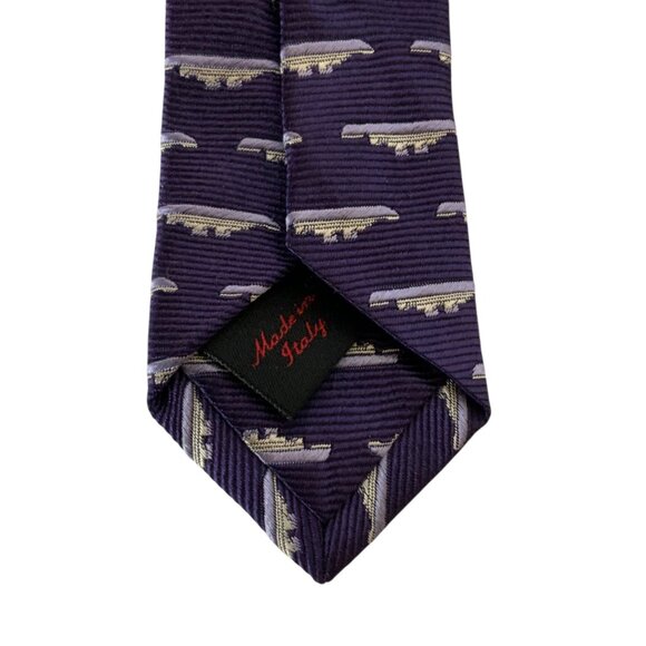 Tumi Mens Silk Faille Navy Ship Pattern Necktie Tie Purple Silver Made In Italy - Picture 4 of 4